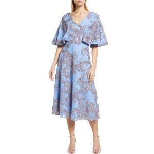 New JS Collection Saige Floral Brocade Cocktail Midi Dress‎ in Sky Blue Size 6